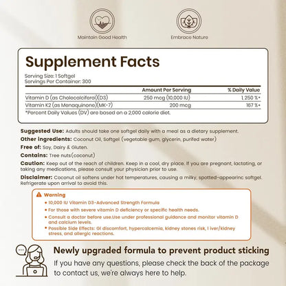 Vitamin D3 K2 10000 IU Softgels (1 year supply)